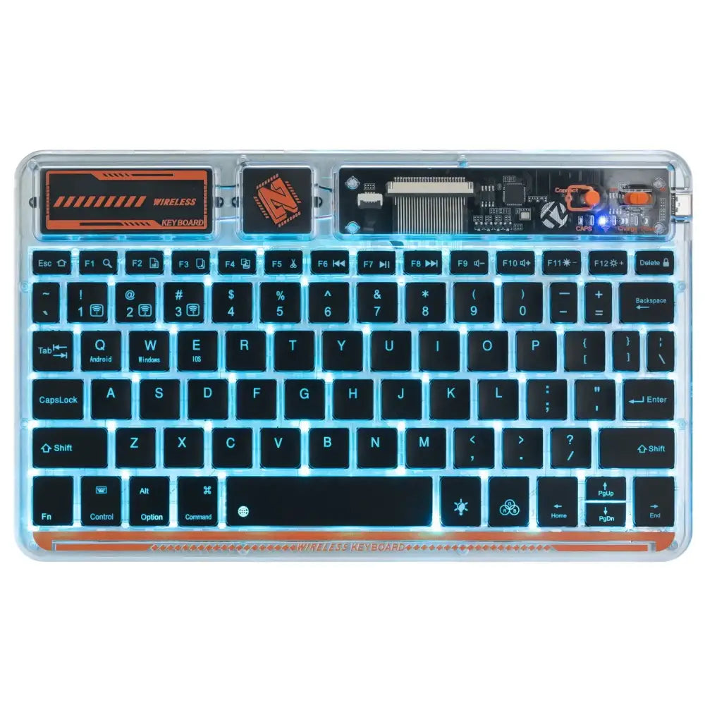 Transparent blue-backlit wireless keyboard with black keys and orange branding accents.