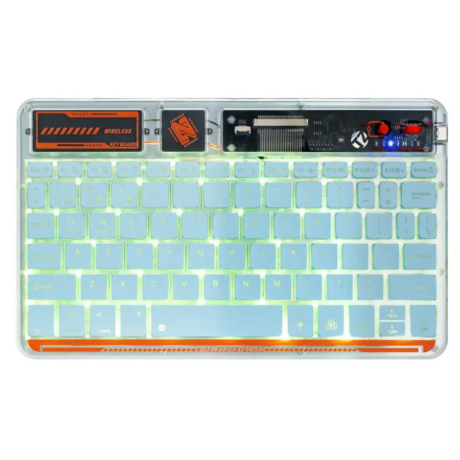 Transparent wireless keyboard with glowing light blue keys and orange accent trim.