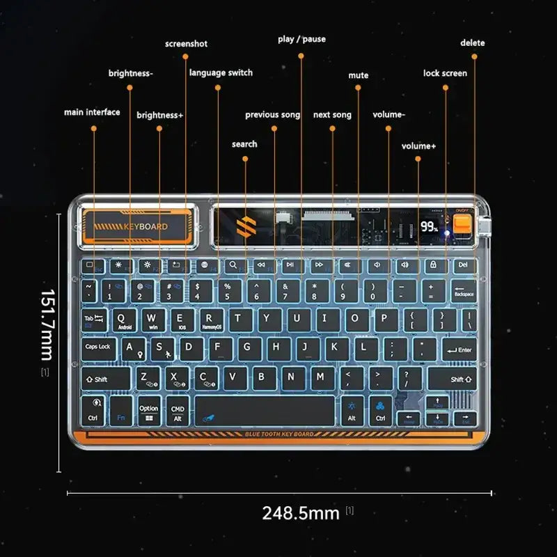Transparent blue and orange bluetooth keyboard with a sleek, futuristic design featuring exposed circuitry and labeled function buttons.