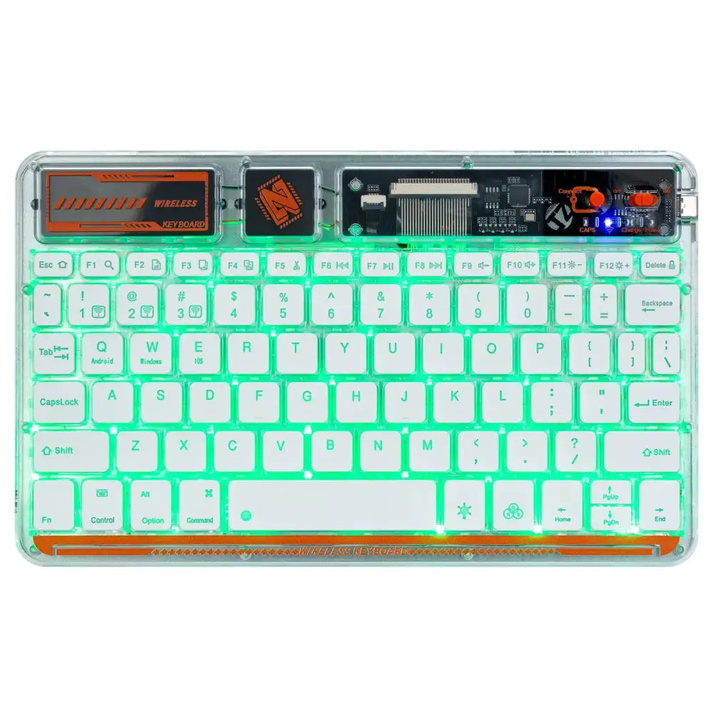 Transparent wireless keyboard with glowing green backlighting and orange accents on the frame and control panel.