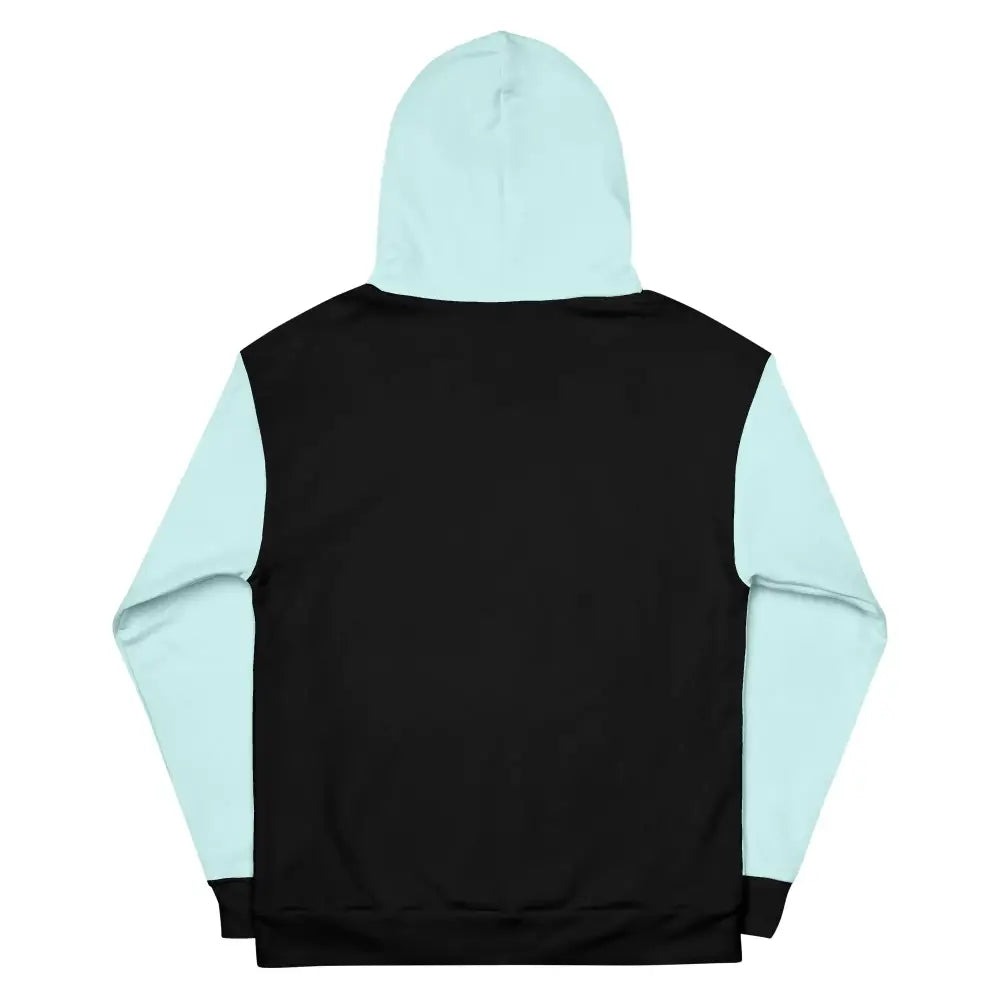 A black and light blue color-block hoodie with contrasting sleeves and hood.