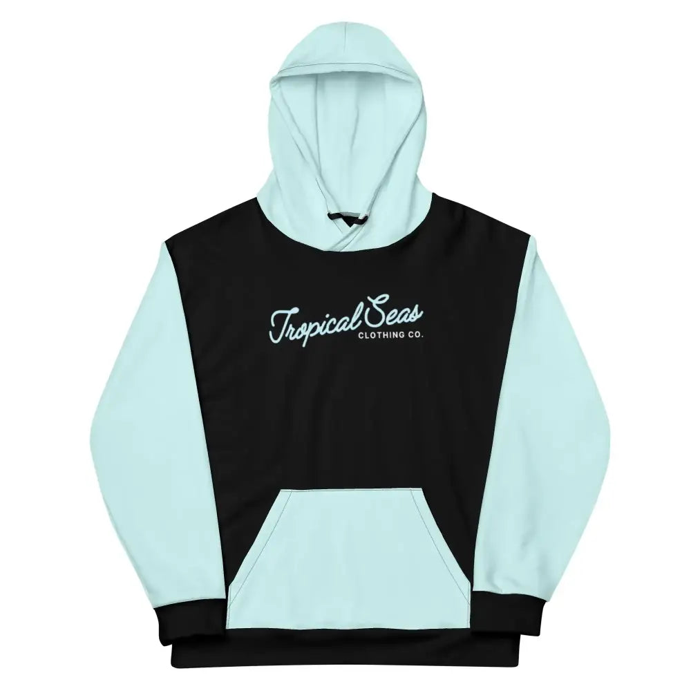 A black and light blue color-blocked hoodie with a white cursive ’tropical seas’ logo on the chest.