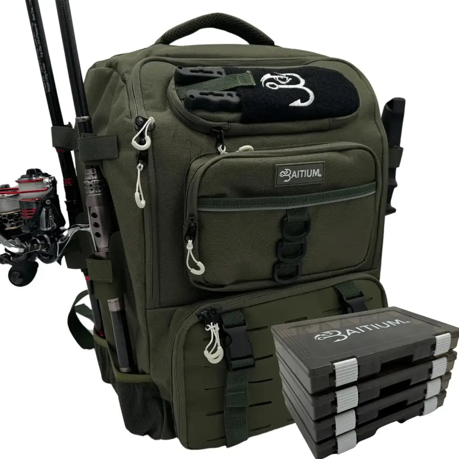 Olive green baitium fishing backpack with black accents and white zipper pulls, featuring multiple compartments and rod holders.