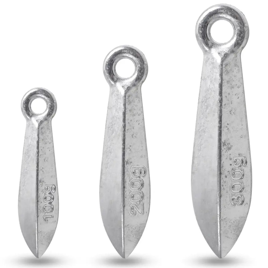 Set of three metallic anchor-shaped weights, each engraved with its weight in grams and featuring a loop at the top for attachment.