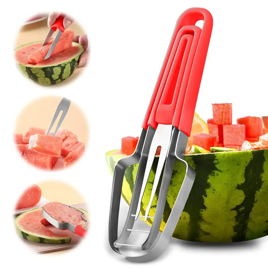 Red-handled watermelon cutter with a stainless steel blade and fork-like design for easy slicing.