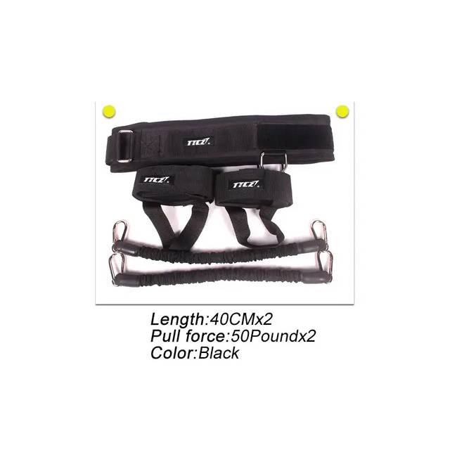 Black nci resistance band and strap set with two 50-pound pull bands.