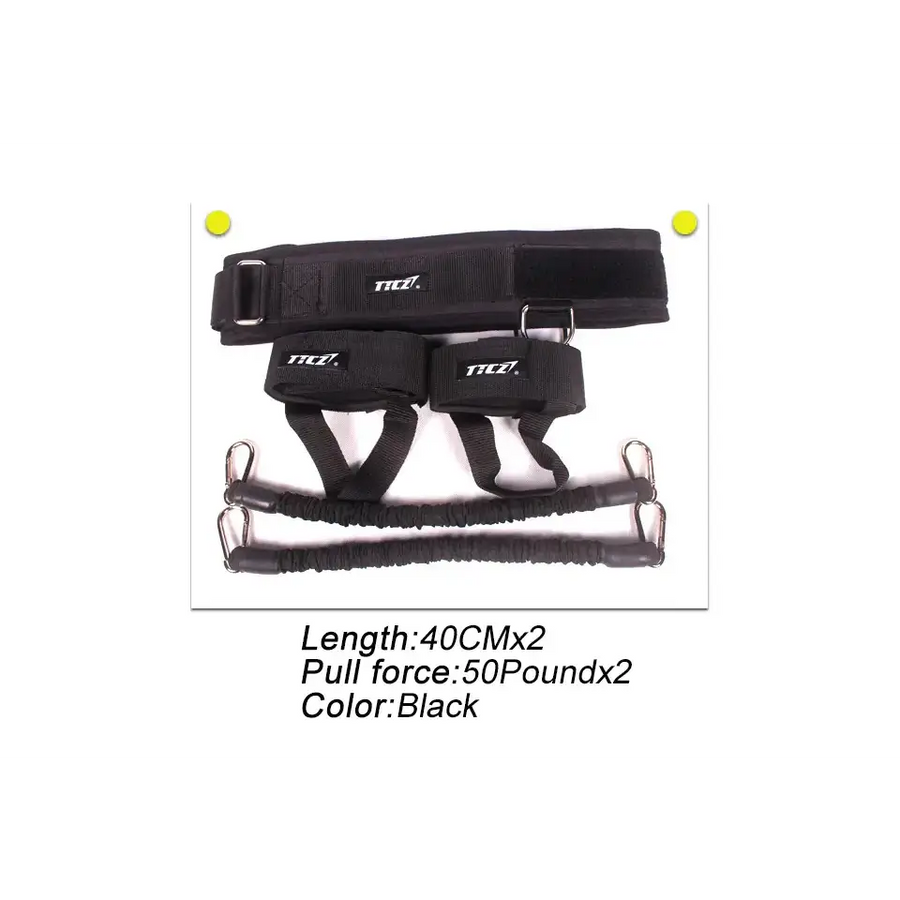 Black nci resistance band and strap set with two 50-pound pull bands.