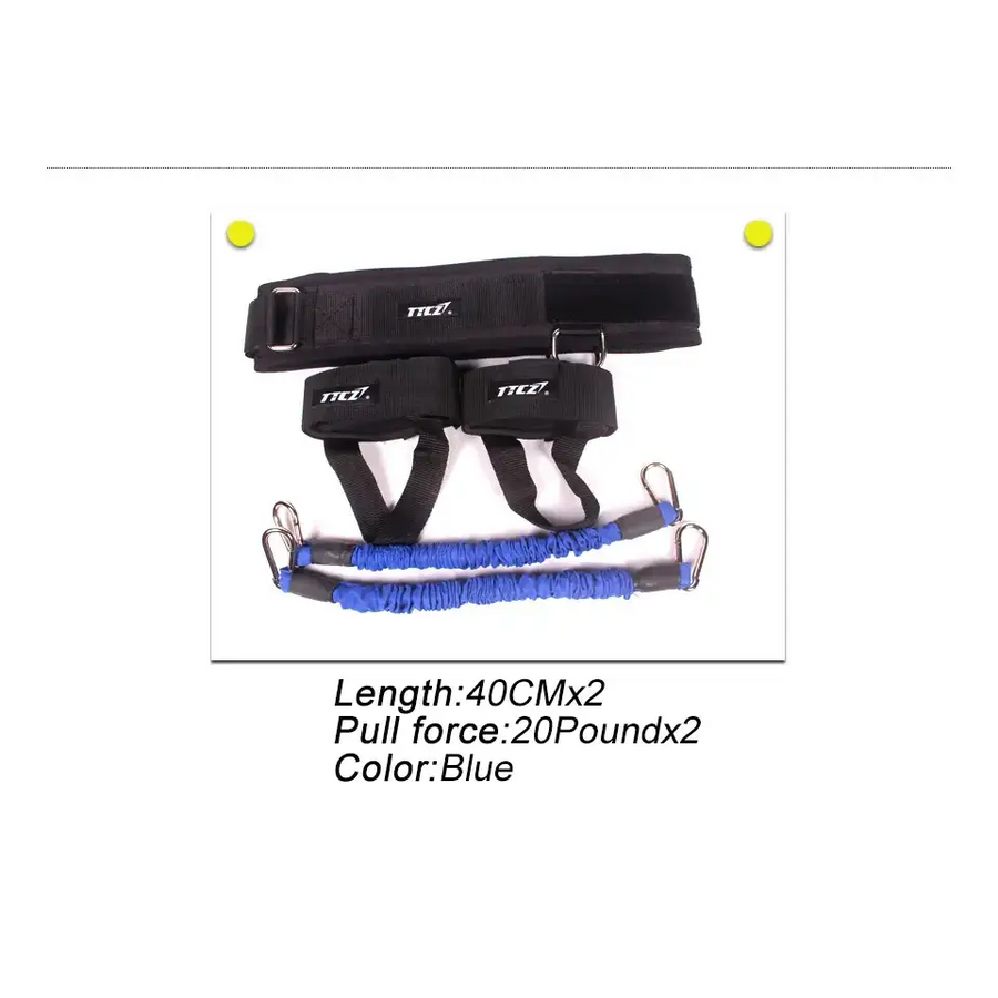 Black and blue resistance band training set with adjustable straps and metal hooks.