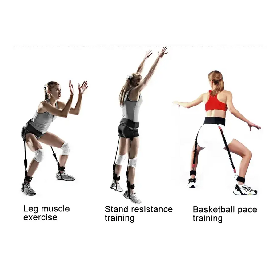 Black resistance band with textured grip and adjustable ankle straps