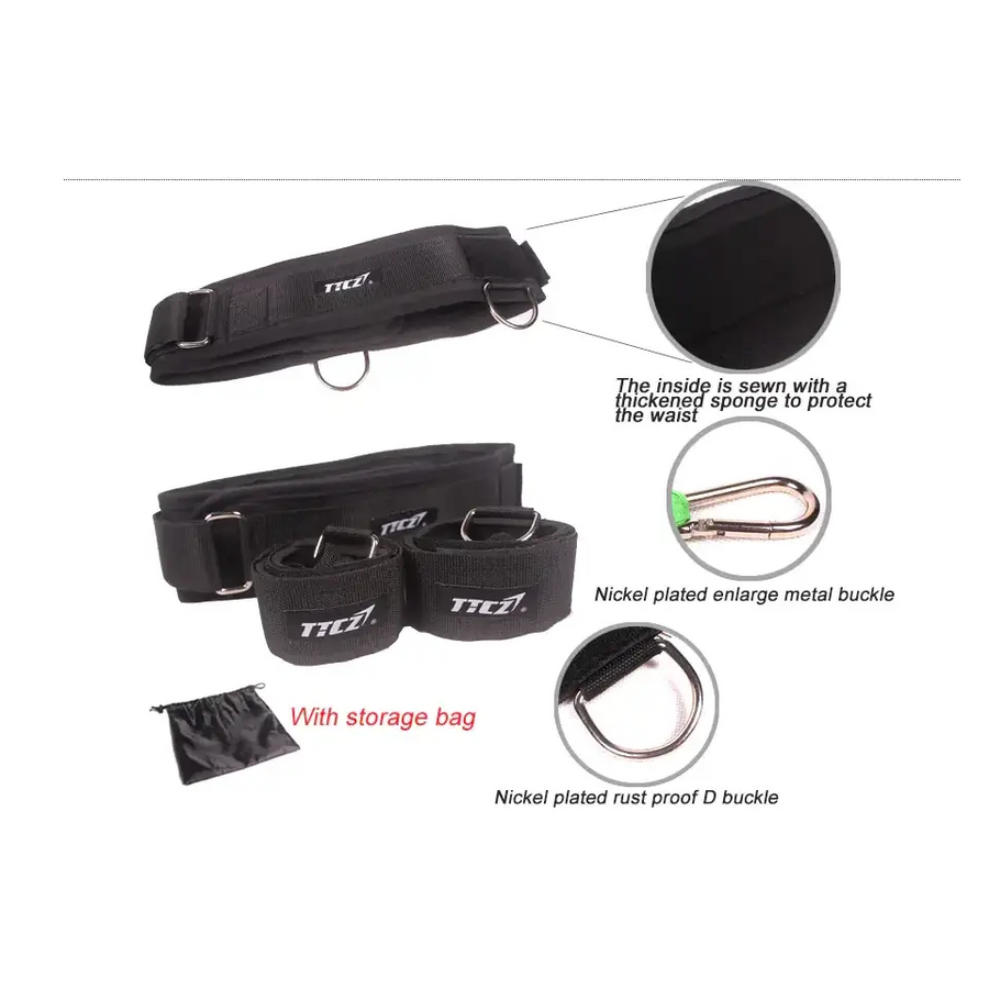 Black ticz brand waist trainer belt with reinforced sponge padding and nickel-plated metal buckles.