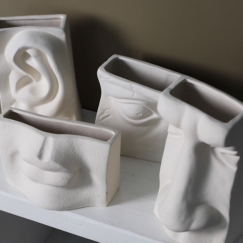 Abstract Face Vase with Flower Insert - Ceramic Decor
