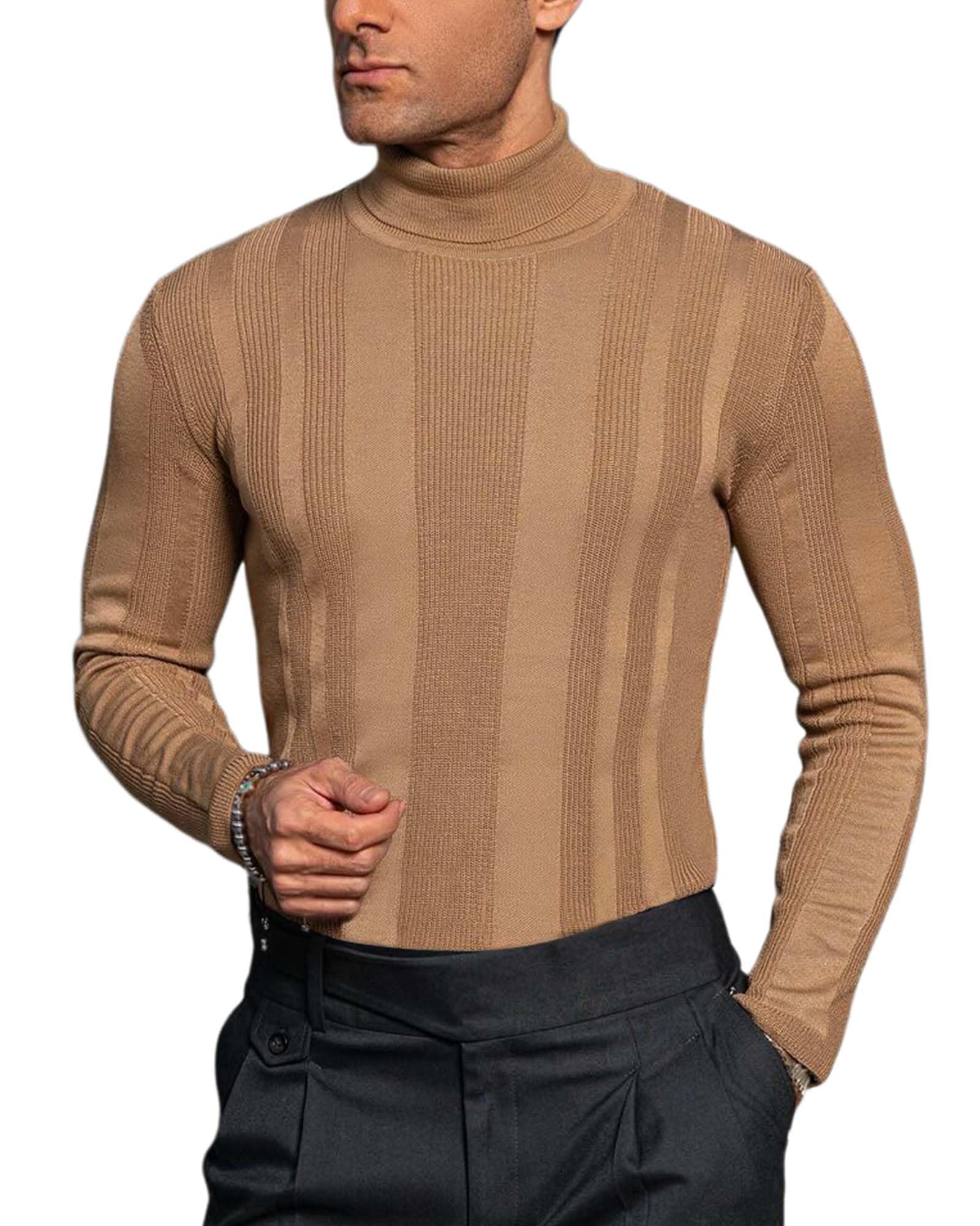 Beotyshow Mens Slim Fit Turtleneck Sweater Lightweight Long Sleeve Casual T Shirts Pullover Knitted Sweaters Khaki