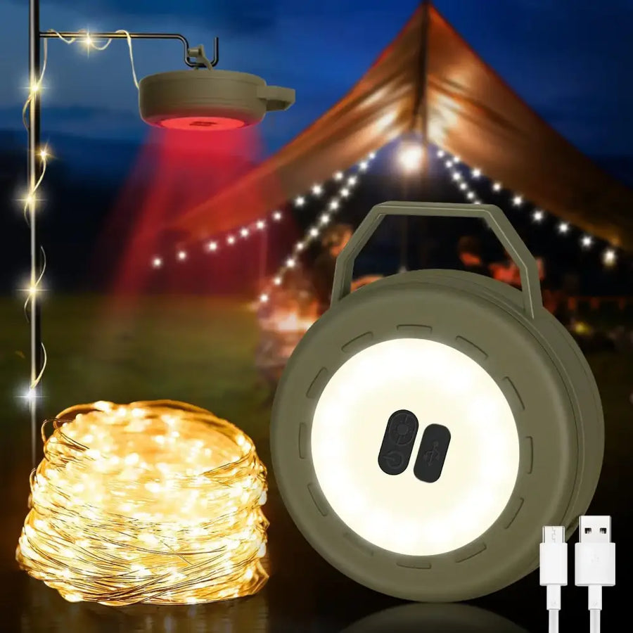 Olive green portable led light with built-in rechargeable battery and usb cable, designed for camping or outdoor use.