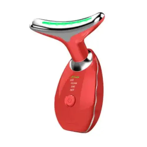 Red and silver facial massage device with a glowing green led strip.