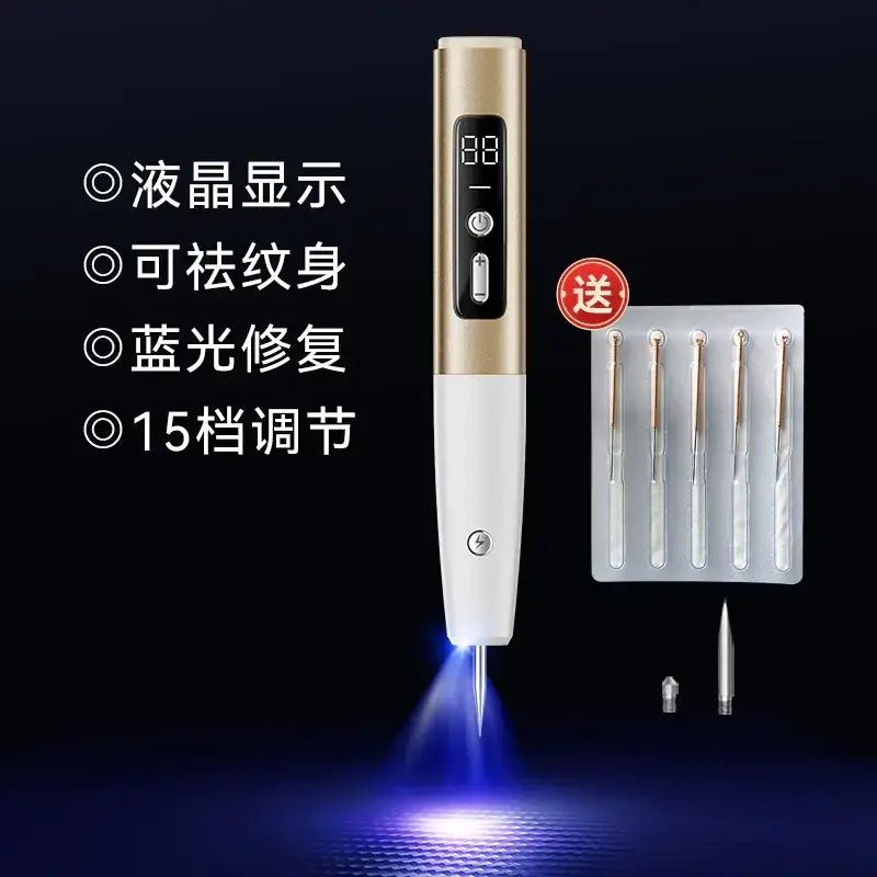 Gold and white handheld device with a digital display, emitting blue light from its tip.