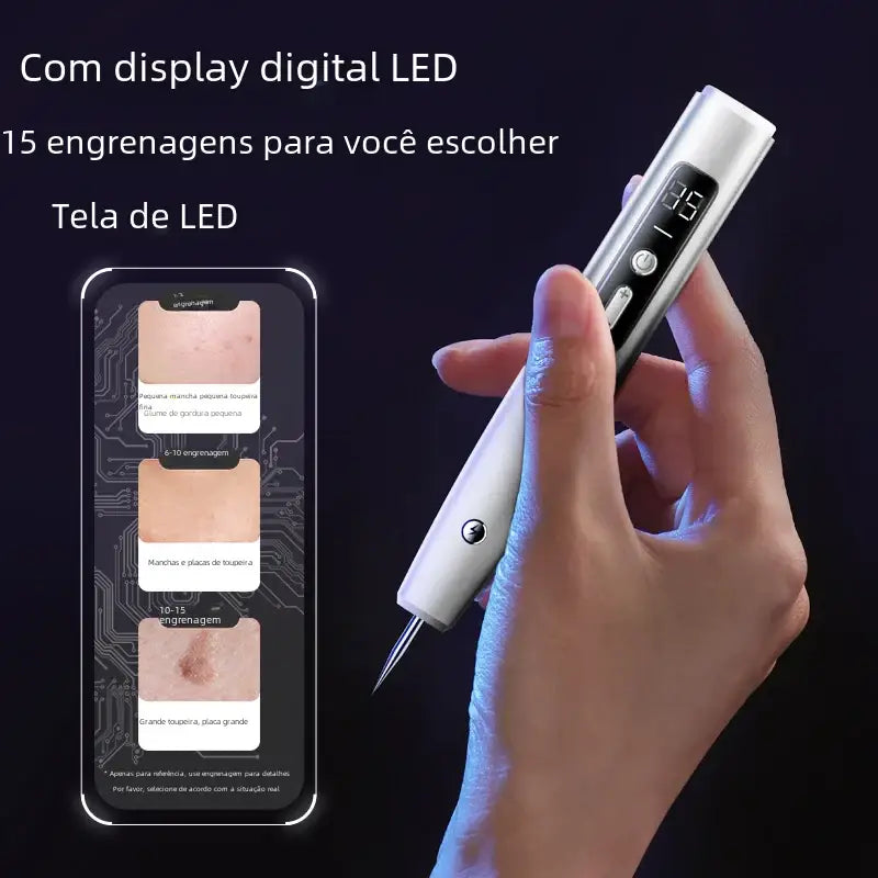 Silver and white digital led skin treatment pen with a sleek, ergonomic design.