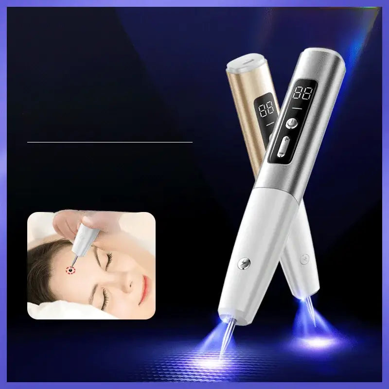 Silver and white handheld laser facial device with digital display.