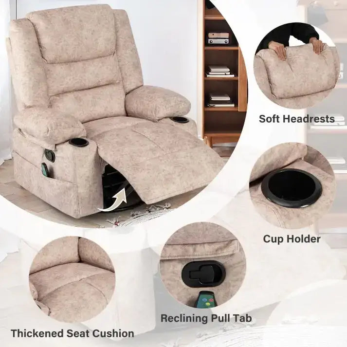 Beige recliner chair with plush, textured fabric upholstery and built-in cup holders.
