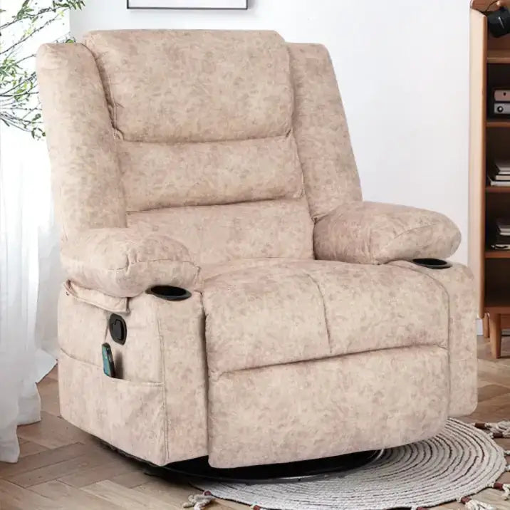 Beige patterned recliner chair with built-in cup holders and a side pocket.