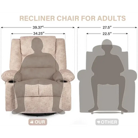 Beige recliner chair for adults with plush cushioning and built-in cup holders.