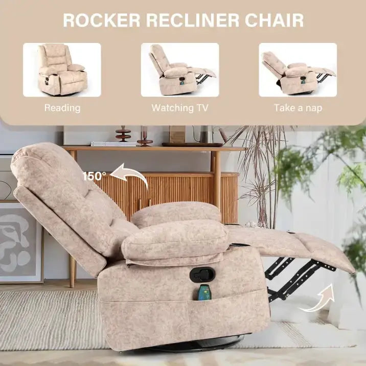 Beige fabric rocker recliner chair with a 150-degree swivel and adjustable positions for reading, watching tv, or napping.
