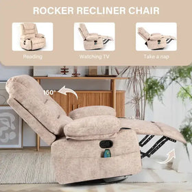 Beige fabric rocker recliner chair with a 150-degree swivel and adjustable positions for reading, watching tv, or napping.