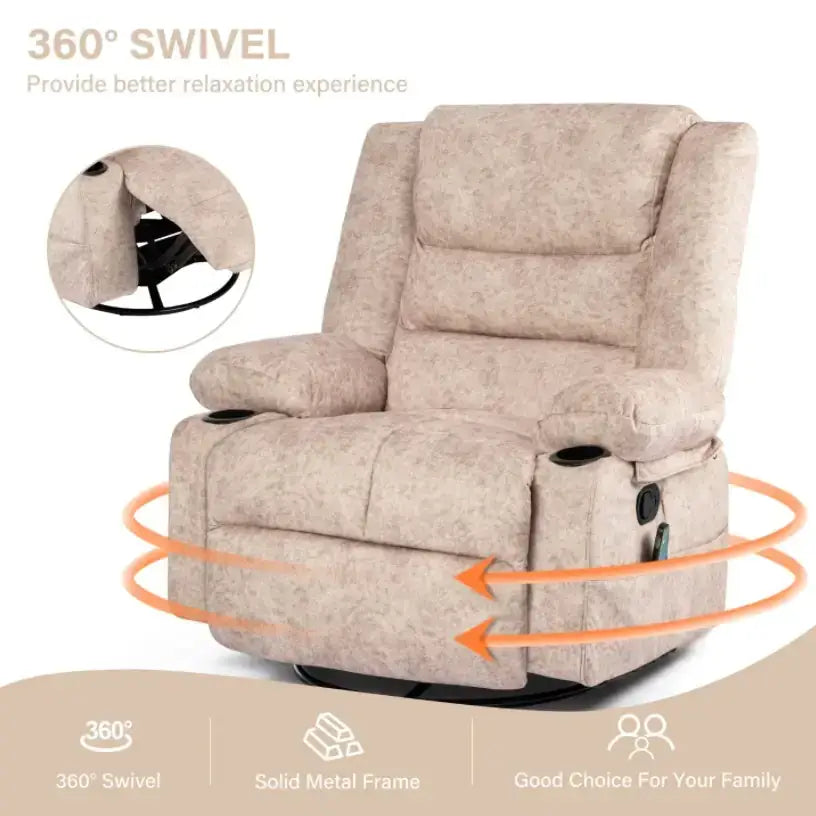 Beige patterned recliner with 360-degree swivel functionality and solid metal frame.