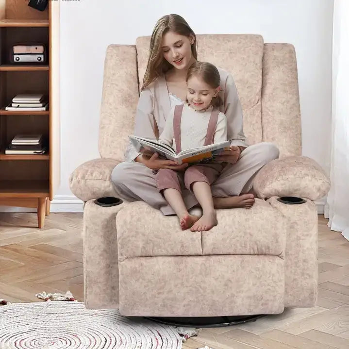 Beige patterned recliner chair with built-in cup holders.