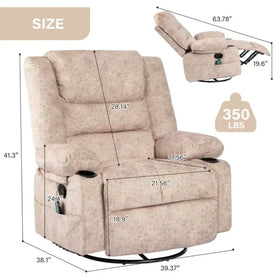 Beige patterned fabric recliner with built-in cup holders and a swivel base.