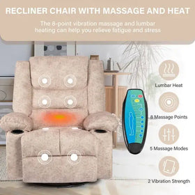 Beige recliner chair with massage and heat features, featuring a textured fabric upholstery and integrated control panel for 8-point vibration massage and lumbar heating.