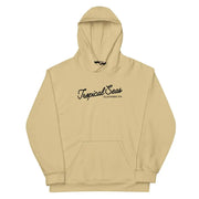 Beige hooded sweatshirt with black cursive ’tropical seas’ and smaller text below, featuring a front kangaroo pocket.
