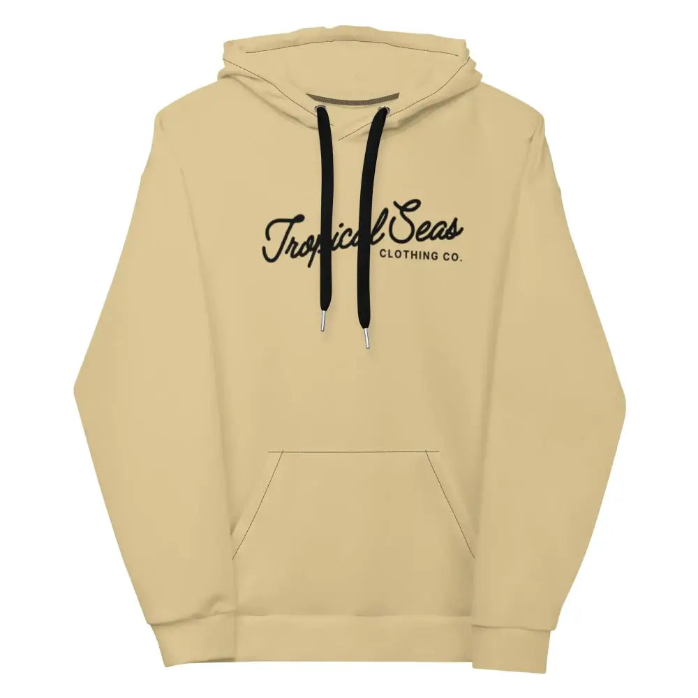 Beige hooded sweatshirt with black drawstrings and a ’tropical seas clothing co.’ logo printed across the chest.