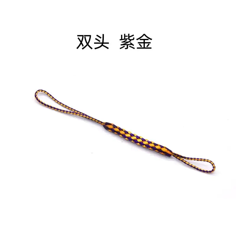 A braided purple and gold cord with a central woven section, featuring two looped ends.