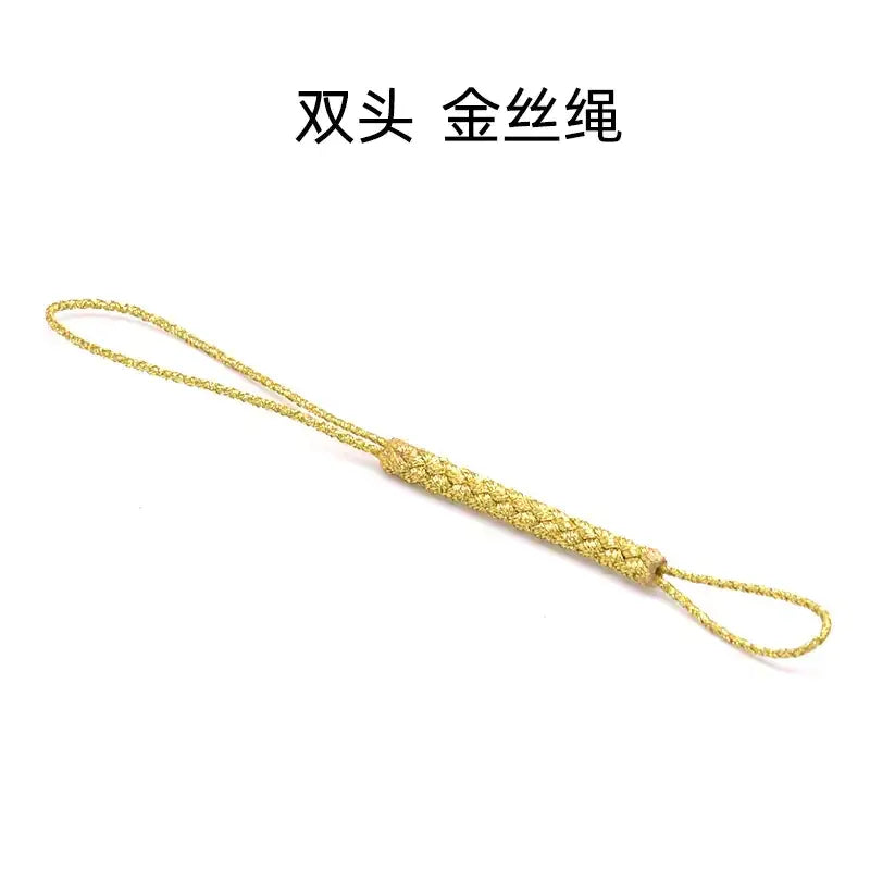 Golden braided cord with a textured, woven center section and two looped ends.