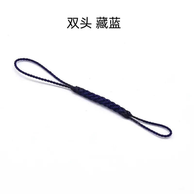 A dark blue braided cord with a central twisted section and two looped ends, labeled as “双头 藏蓝” (double-ended tibetan blue).