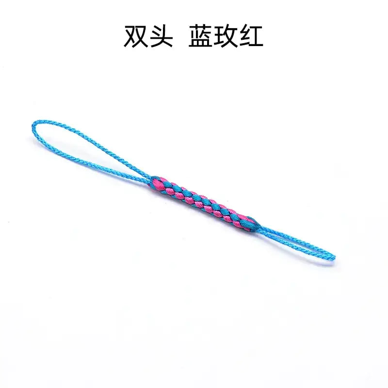 A braided phone strap with a vibrant blue and pink woven pattern, featuring two looped ends for secure attachment.