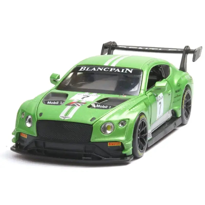 Green die-cast bentley race car model with white racing stripes and black accents.