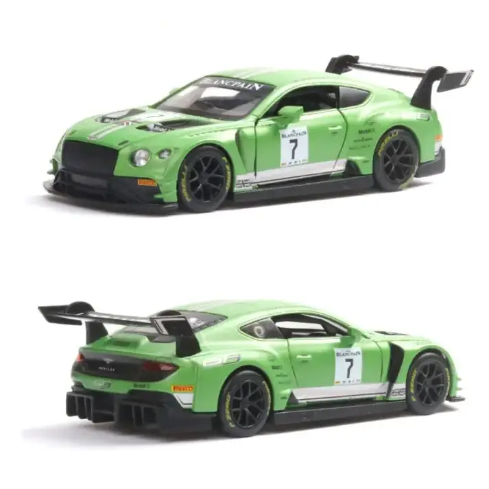 Green diecast model of a bentley gt3 race car with black wheels and white racing number 7 decals.