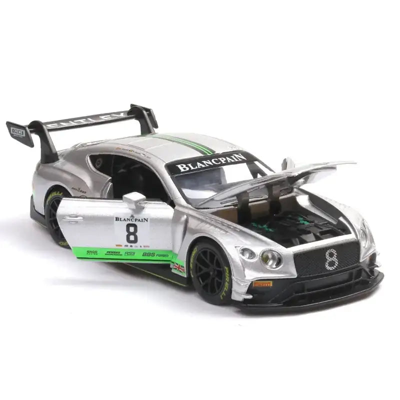 Silver and green blancpain racing car model with black accents, featuring detailed decals and open doors.