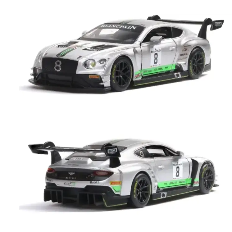 Silver and green blancpain racing edition bentley gt3 diecast model car.