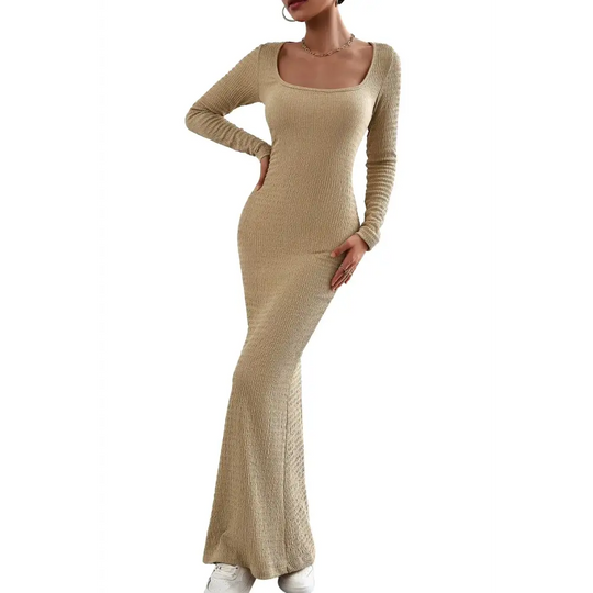 BestWendding Womens Casual Long Sleeve Maxi Dress 2024 Fall Sexy Square Neck Soft Lounge Long Bodycon Dress Khaki S