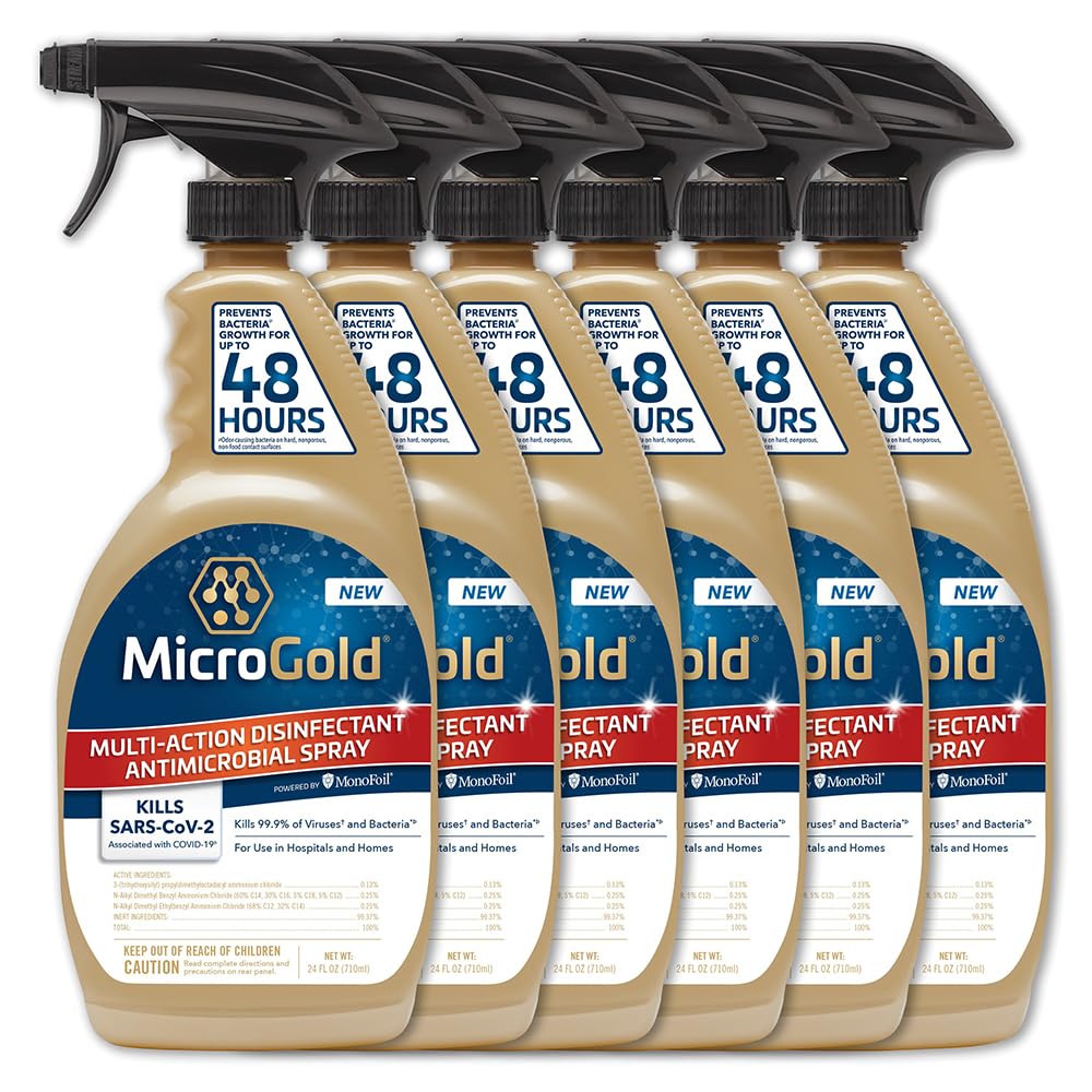 MicroGold Multi-Action Disinfectant Antimicrobial Spray Tested and Proven Effective to Kill the COVID-19 Virus Kills 99.9% of Viruses and Bacteria 24 Fluid Ounces 6 Pack