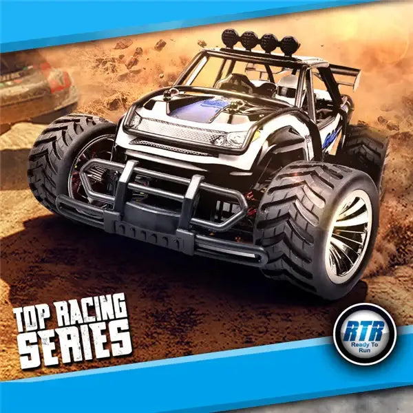 Black and silver remote-controlled monster truck with rugged tires, a front bumper grille, roof-mounted lights, and blue accents on the hood.