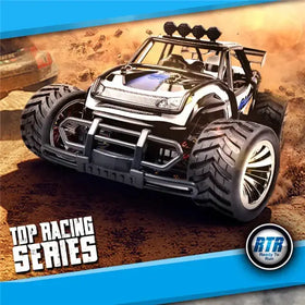 Black and silver remote-controlled monster truck with rugged tires, a front bumper grille, roof-mounted lights, and blue accents on the hood.