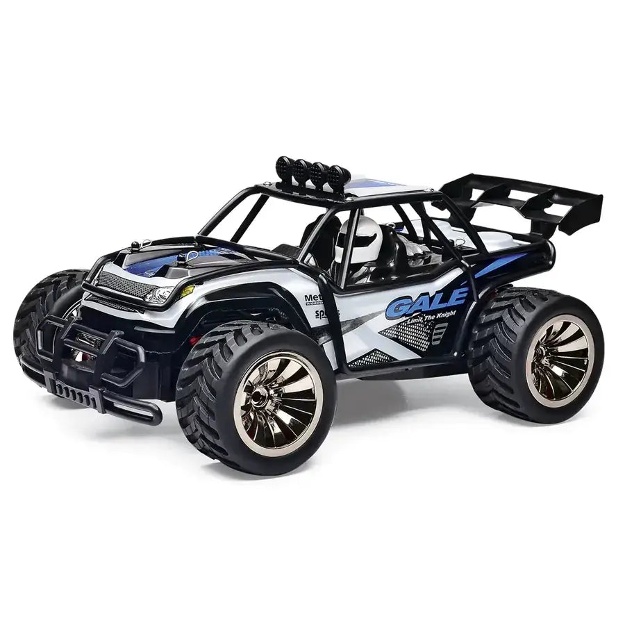 Black and silver remote-controlled off-road truck with blue accents, featuring a rugged design, large tires, and a detailed racing-inspired body.