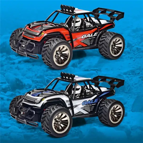 Red and black remote-controlled off-road truck with ’gale’ branding, featuring rugged tires and a detailed chassis.