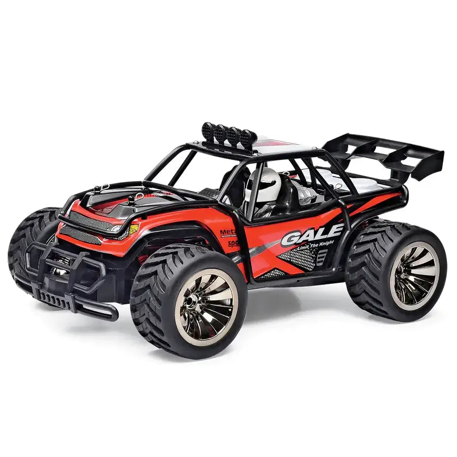 Red and black remote-controlled off-road buggy with a rugged design, featuring oversized tires, a roof-mounted light bar, and detailed decals including the word ’gale’ on its side.