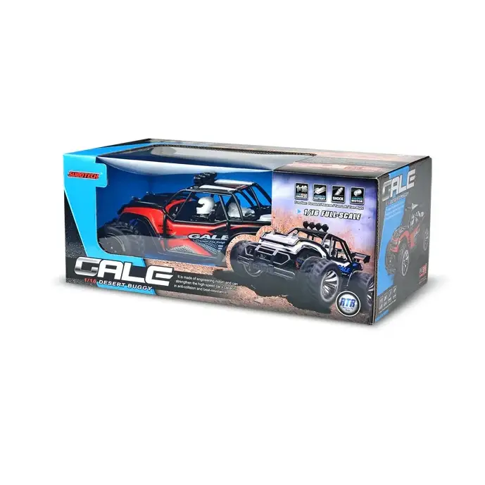 Red and black remote-controlled desert buggy in a branded box.