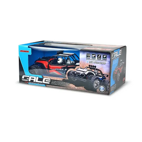 Red and black remote-controlled desert buggy in a branded box.