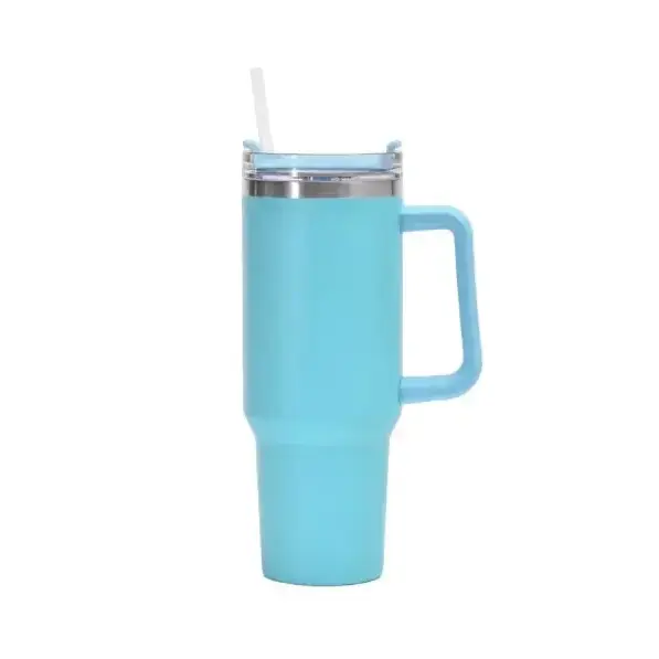 Light blue insulated travel mug with a handle and a clear lid featuring a straw.